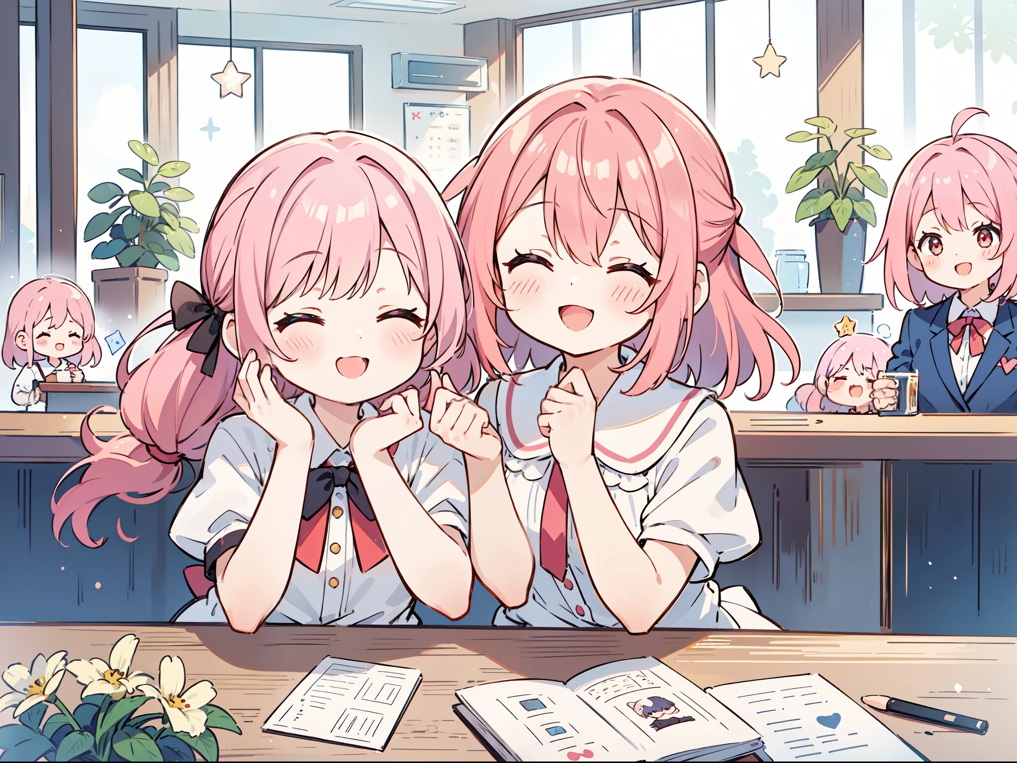 ((1 girl in:1.2))、Looking at the camera、Angle from the front、A pink-haired、Twin-tailed、Yumekawa、cute little、hair pin、PastelColors、masterpiece、Top image quality、top-quality、Star hair ornament、red eyes、Put your arms on your chest、White blouses、((closed eyes smile、Smile with open mouth))、Very delicate illustration、fine portrayal、8K、Cafeteria on background、Finely written illustrations、superior image quality、