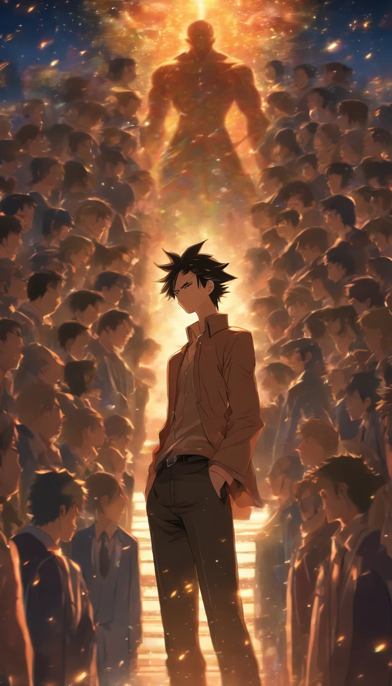 /imagine prompt: A melancholic man standing in front of a group, trying to hide his inner sadness, scrutinizing ten young people with a serious expression, spacious conference room with a large screen displaying various data and charts, ,32k, best quality, masterpiece, super detail, high details, by Makoto Shinkai ,in the style of the stars art group xing xing, --niji 5"