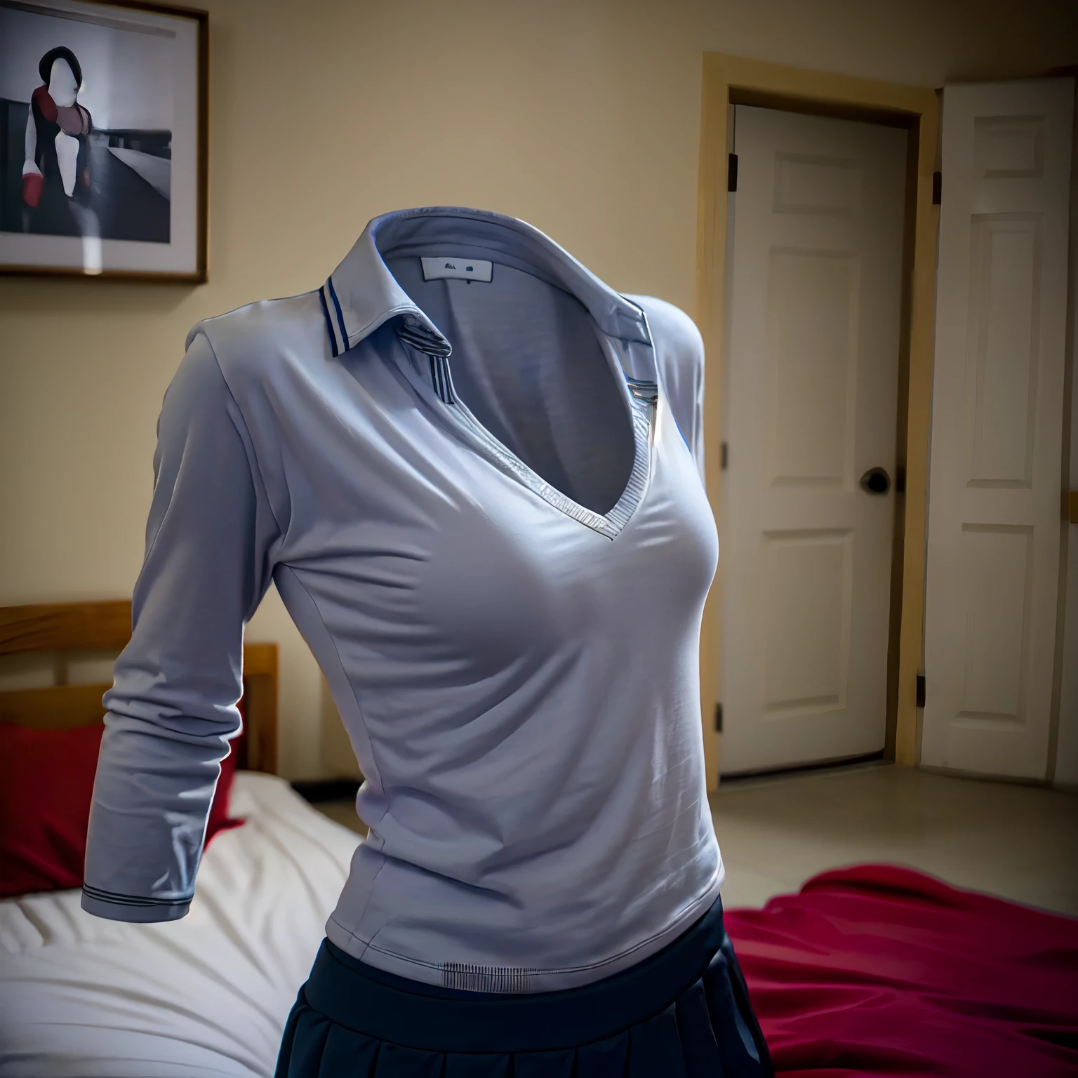 school uniform and leggings, ((invisible, no humans:1.5, headless:1.5, handless, legless)), big breast, (close-up to breast), on bed,
(8k, RAW photo, best quality, masterpiece:1.2), (realistic, photo-realistic:1.37),photon mapping, radiosity, ((Hasselblad photography)),physically-based rendering,