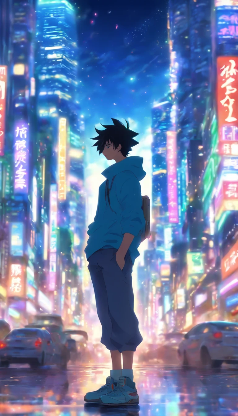 /imagine prompt: A young man standing at a street corner, facing a massive city, with a hint of confusion and unease in his eyes, but in the next moment, he gathers these thoughts and reveals a determined expression. The towering skyscrapers and bustling traffic of the city form the backdrop, creating a busy yet vibrant atmosphere.,32k, best quality, masterpiece, super detail, high details, by Makoto Shinkai ,in the style of the stars art group xing xing, --niji 5"