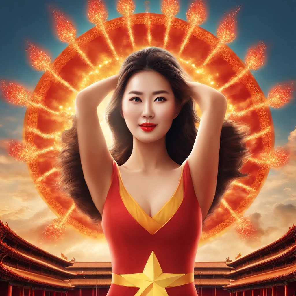 Chinese big breasts, Tiananmen, China's five-star red flag, fire works, flowerbed, rays of sunshine, symmetry, high detail, Contemporary art, UHD, retina, masterpiece, ccurate, anatomically correct, super detail, high details, high quality, award winning, best quality, highres, 16k
