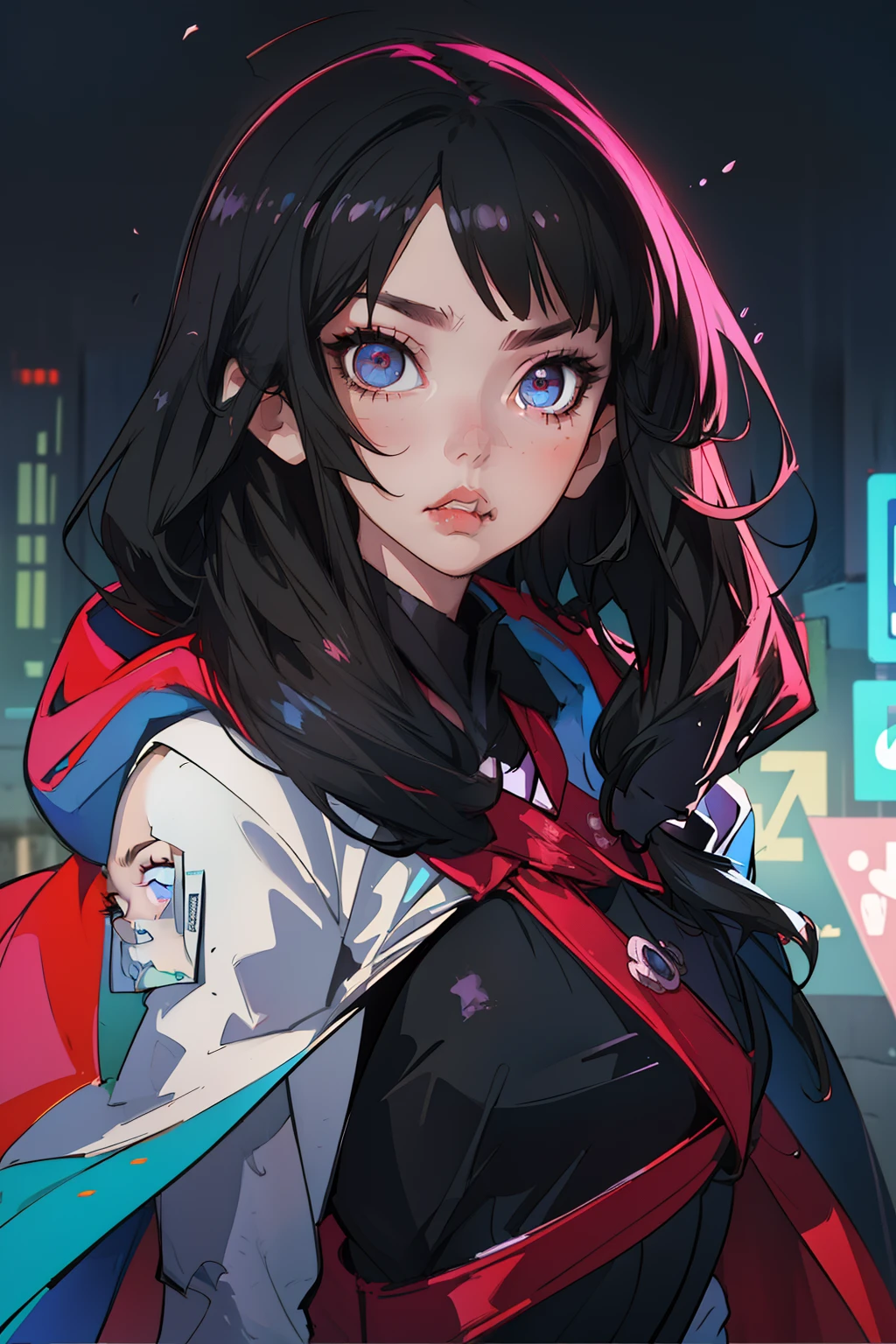 (((tmasterpiece, beste-Qualit))), a 1girl, 独奏, black hair, Wide eyes, hood, cape, dress, upper-body, Neon, The city, looks at the viewer,