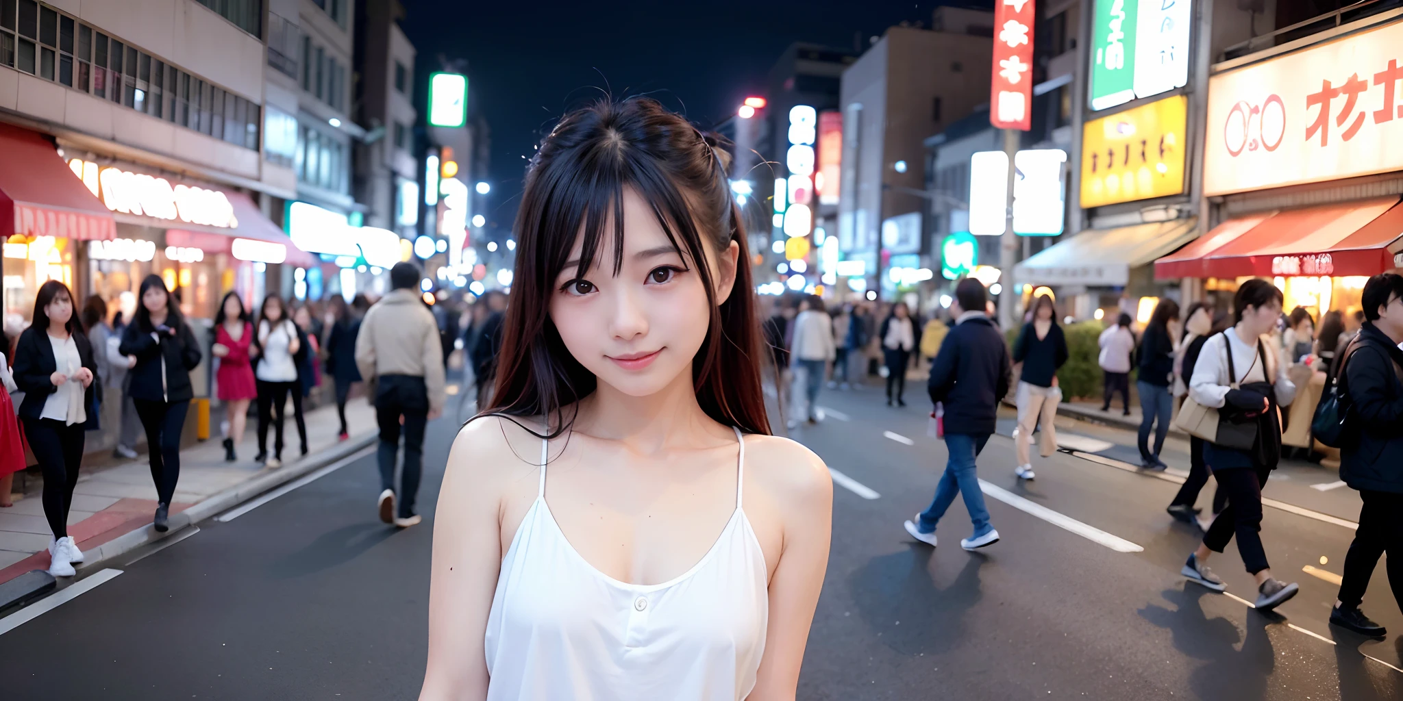 Imagen virtual, 8K Full Length Poster, chica japonesa, 18 years old A charming expression., Detalles faciales detallados,de pie, abrazando, besar,Usa un bikini blanco,sujetador ropa interior ciudad de Tokio, invierno, Shibuya is the backdrop.