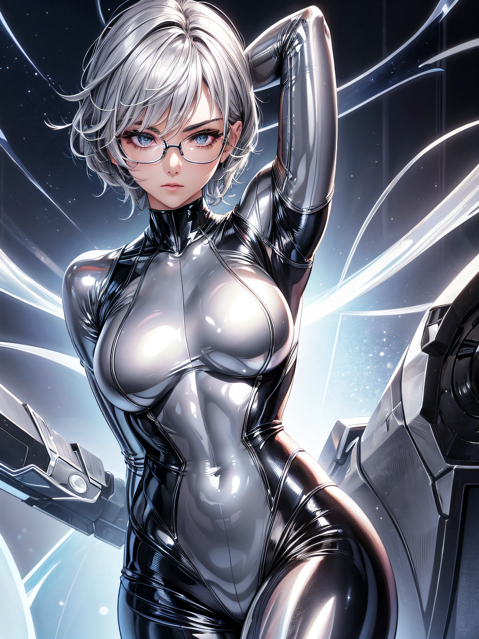 5 8K UHD、Silver short-haired muscular beauty in shiny full-body silver latex suit with glasses with arms behind her head、Beauty with shiny silver latex suit glasses with hidden skin、Lower front upper body only