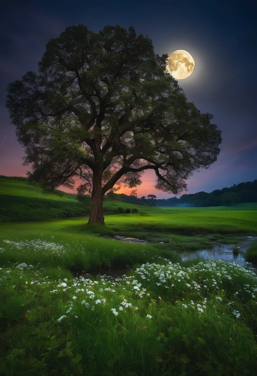 Night Grassland A big tree that shines Winding rivers Dotted flowers Vivid A full moon