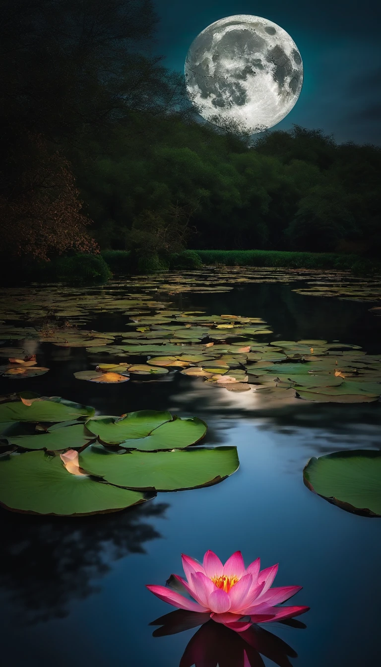(tmasterpiece,Authentic photography,Concise composition:1.5),the night,Lotus pond moonlight,Beautiful artistic conception