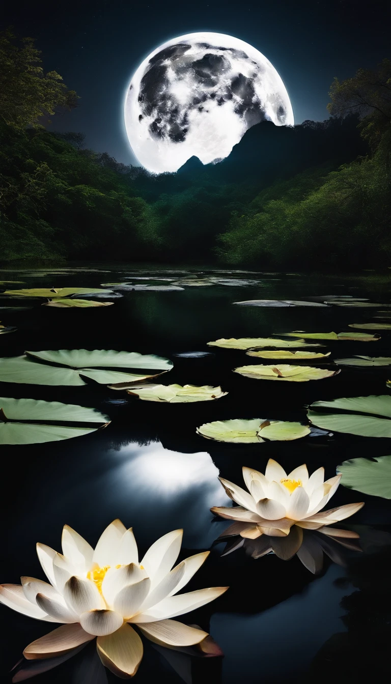 (tmasterpiece,Authentic photography,Concise composition:1.5),the night,Lotus pond moonlight,White full moon,Beautiful artistic conception