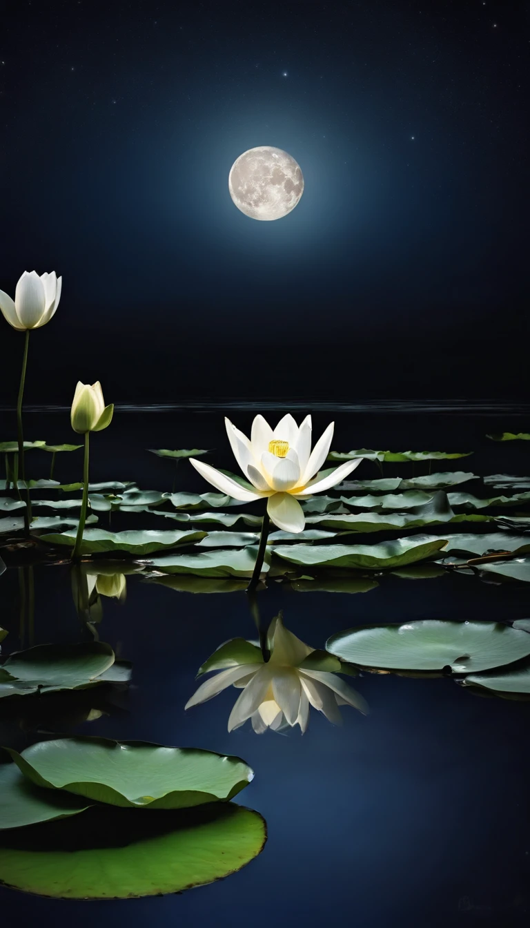 (tmasterpiece，Authentic photography，Concise composition：1.5），the night，Lotus pond moonlight，White full moon，Beautiful artistic conception