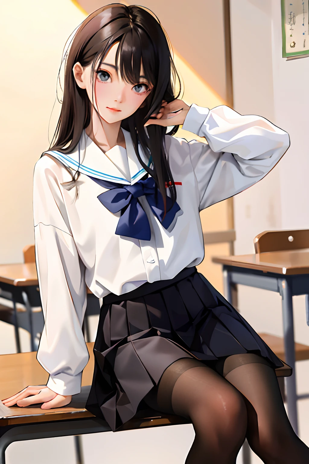 (tmasterpiece:1.2, Need), (Realphotos, Crafted with meticulous precision), 独奏, 1lady, Japanese school uniform，white  shirt+a black pleated skirt, long whitr hair，Brunette hair，Black pantyhose，‎Classroom，（feet focus：1.2）