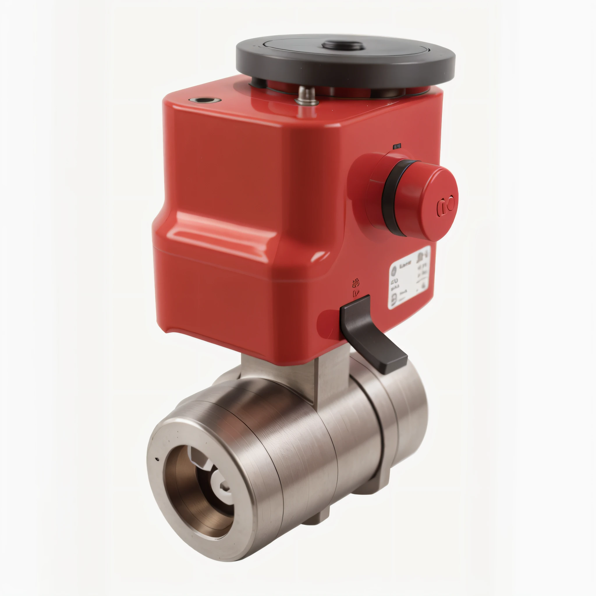 a red ball valve with a metal handle and a metal lever, valves, 8 0 0 t, 800t, electric, image, looking partly to the left, electric motors, valve, a super-smart, emerald, looking towards camera, vat, silver, version 3, leaked image, neutron, master, brand, above view, a green, heavy