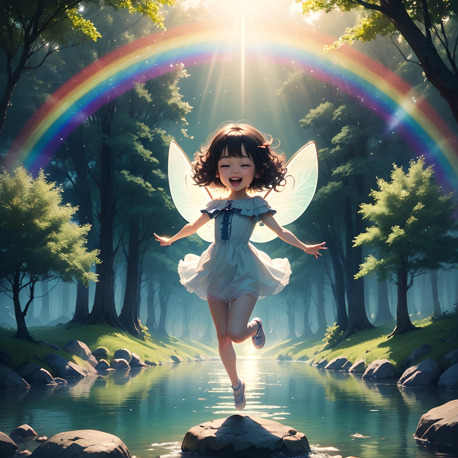 ​masterpiece、top-quality、ultra-detailliert、(Fairy Daughter:1.2)、(Chibi Chara:1.1)、wraith、Curly hair、Open your mouth and smile、lake in the middle of a forest、jumping、Rainbow Light、the morning sun、rainbows