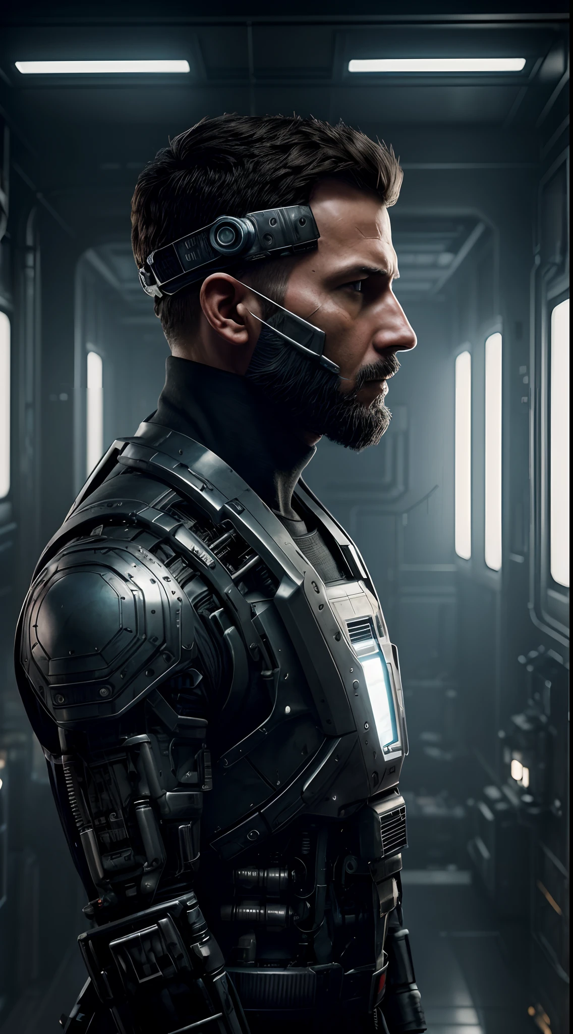 a half - masked rugged laboratory engineer man with cybernetic enhancements as seen from a distance, scifi character portrait by greg rutkowski, esuthio, craig mullins, 1 / 4 headshot, cinematic lighting, dystopian scifi gear, gloomy, profile picture, mechanical, cyborg, half robot, implants, dieselpunk