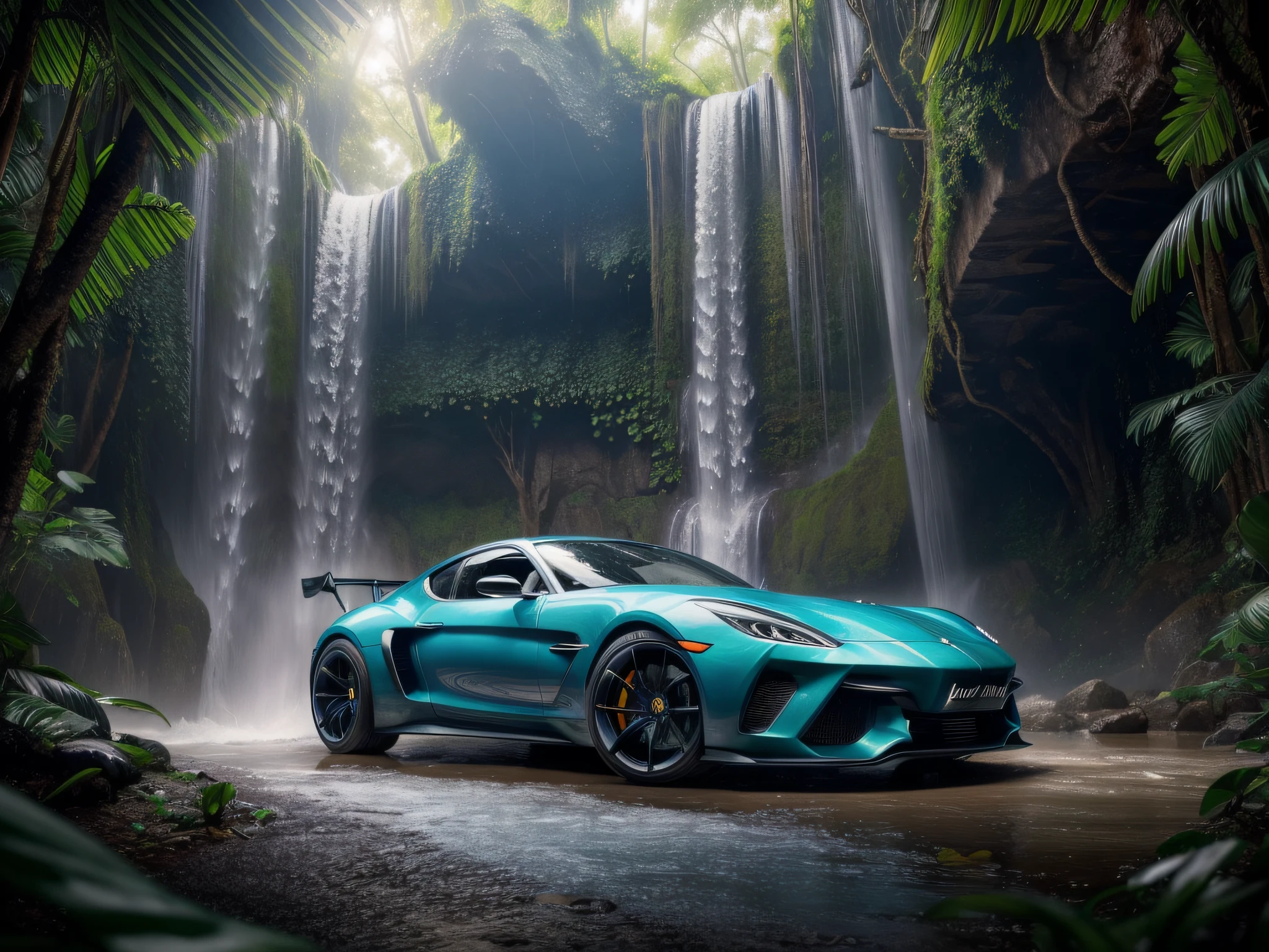 hyper realistic, Concept car, jungle, waterfall, 64k resolution photorealistic Masterpiece by Ridley Scott, intricately detailed fluid painting, HD, professional photography, dark lighting, volumetric lighting maximalist photo illustration, 64k resolution concept art with intricately detailed, complex, elegant, expansive, fantastical, ultra sharp, 64k