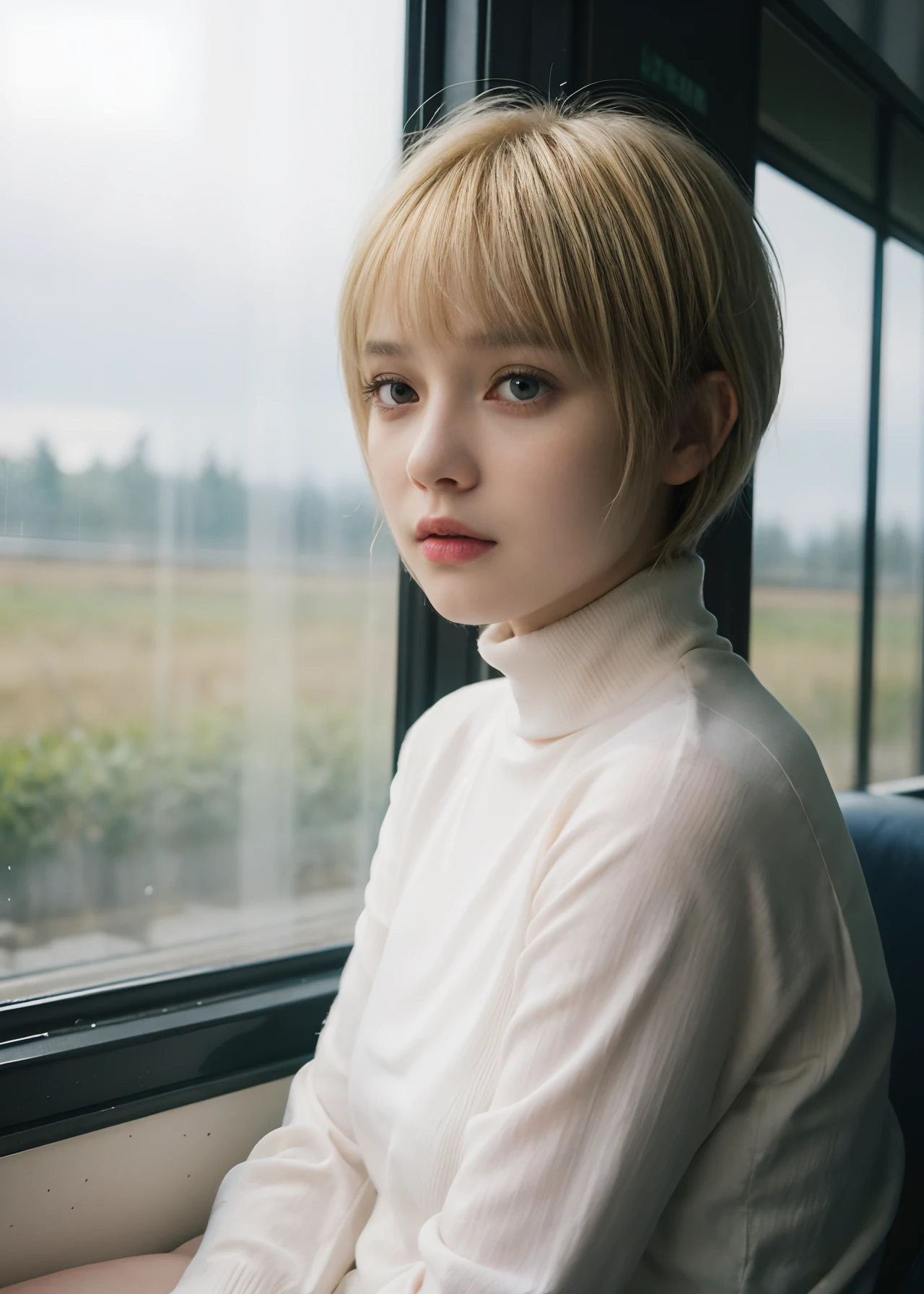 Water droplets on the window, Heavy rain outside, Strong fluorescent light, Sitting Woman, 25 I, (Bangs Hair:1.2), (a blond, pixie cut hair:1.36),Faint lips, Cowboy Shot, Front view, Wear a turtleneck , on train, countryside view, window, sitting in the seat, her peaceful expression and gentle breathing create a calming atmosphere,, Natural Skin Texture, Hyper-Realism, nffsw, hyperdetails, Raw photo, Photorealistic, Best Quality, hight resolution, Realistic, 8K, Caustics, Dinamic Light, Beautiful and delicate lips, Delicate fingers, Detailed pupil, Real Human Skin,