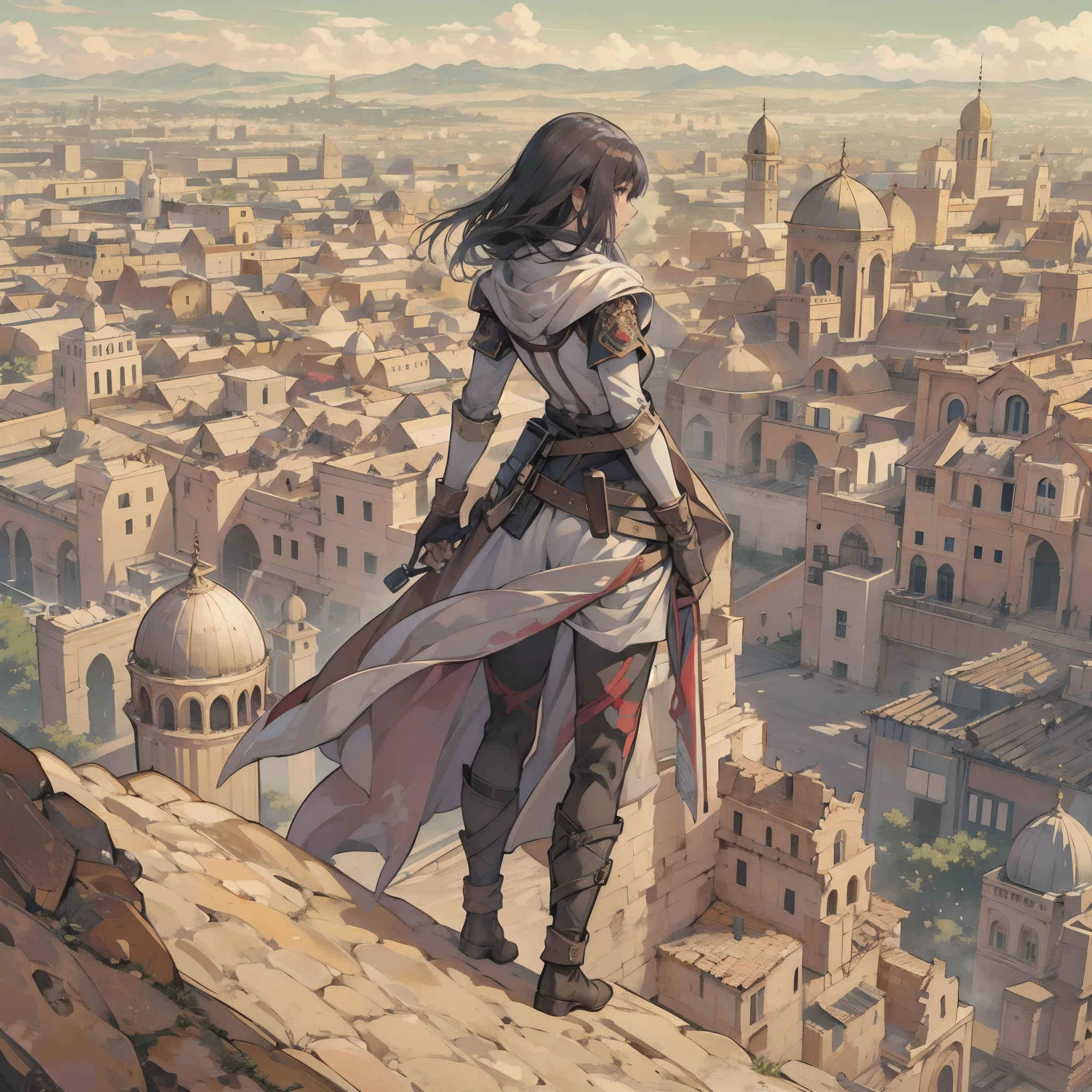 anime, illustration, woman assassin is standing on top of a hill in a desert overlooking in the background a middle eastern style capital city medieval era, surrounded by walls with watch towers