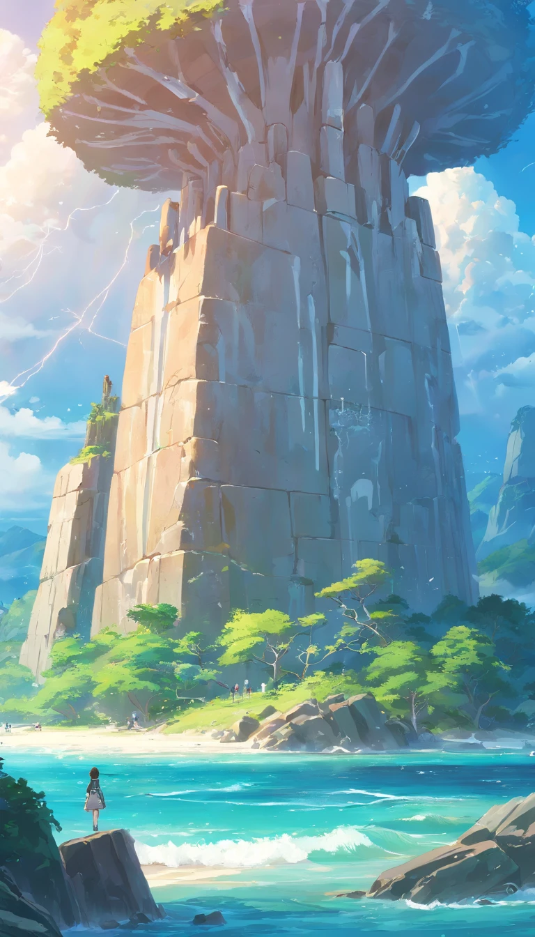 top-quality,Ray traching,ghibli artstyle,Anime landscape concept art,(The sky thunders and lightning),(((Huge stone statues of animal bones on nearby islands))), (Remains of the island of the goddess statue),Island background, 16K HD wallpaper,cushart, concept world art, Anime landscape, detailed scenic view , anime landscape wallpapers,Anime fantasy artwork, offcial art, Anime background art, gigantic landscape!, final fantasy vll world concept