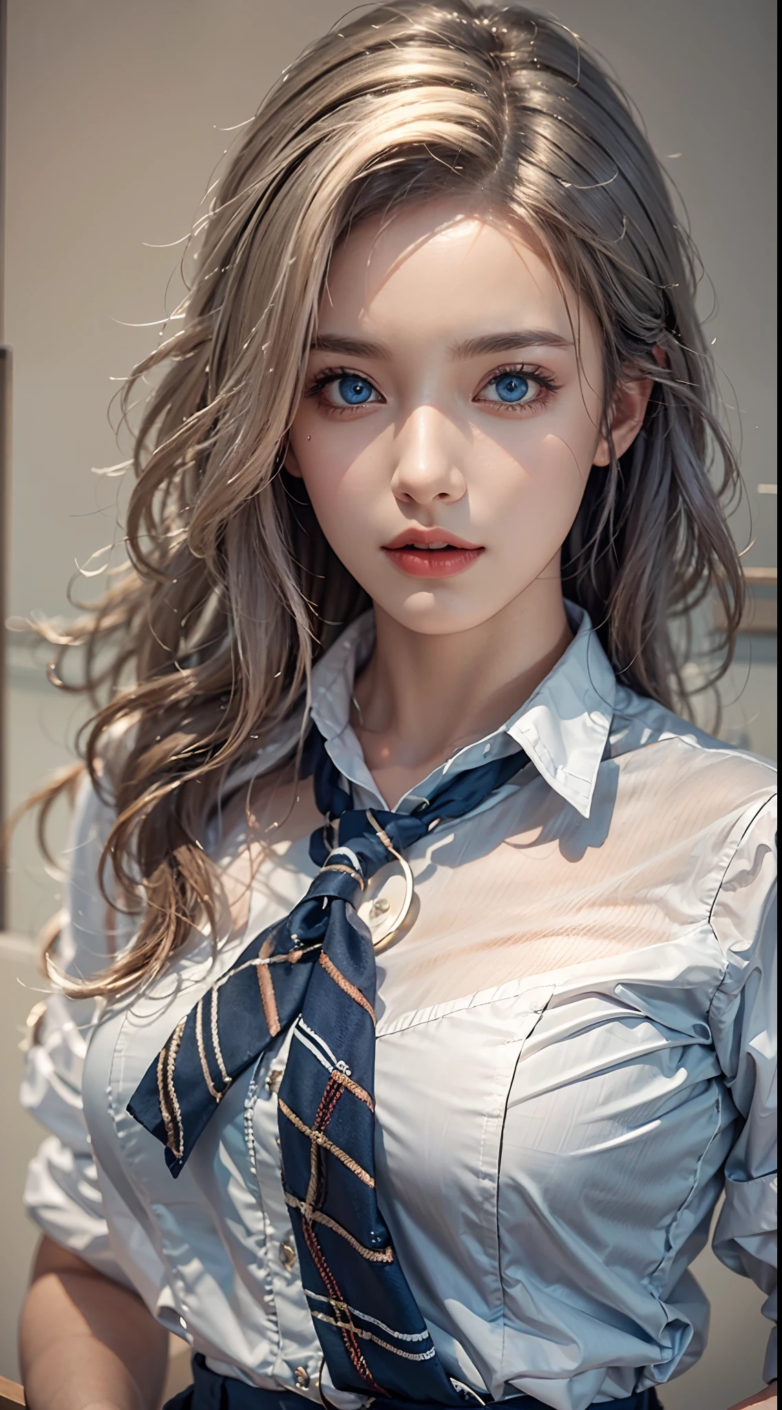 photorealistic, masterpiece, photorealistic, high resolution, soft light, hips up, blue eyes, secretary clothing, shirt, skirt