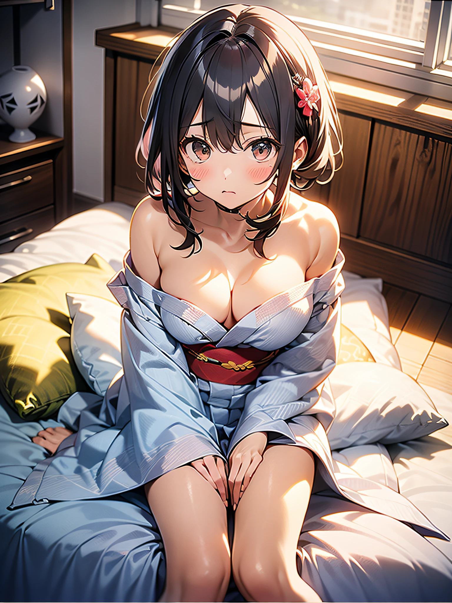 in 8K、top-quality、​masterpiece、ultra-detailliert、Ultra-high resolution、Anime style、(1人の女性)、natta、darkened room、On the futon、Sit up、Hakata yukata、Wide open chest、bare shoulders​、Red face、embarrassed from、Perspective from above