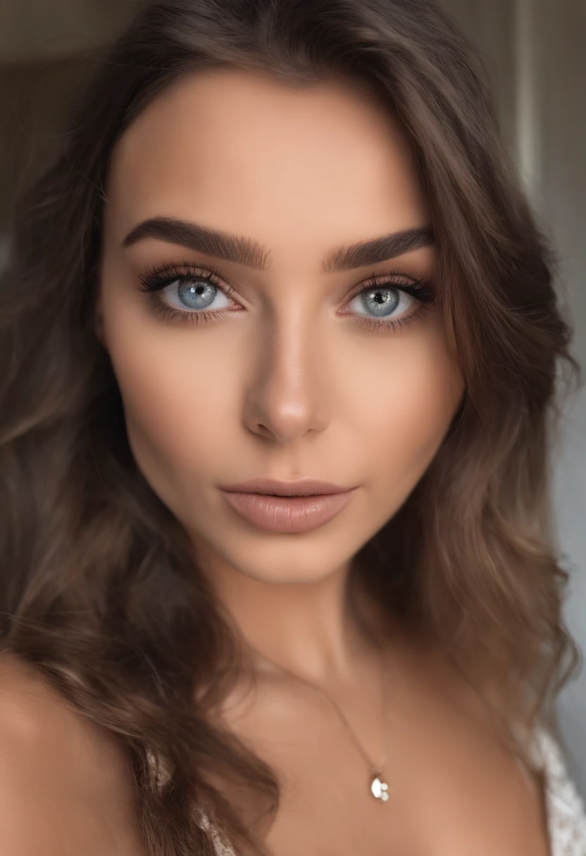 Arafed woman with a white tank top and necklace, fille sexy aux yeux bleus, Portrait Sophie Mudd, cheveux bruns, chatins et grands yeux, selfie of a young woman, Yeux de chambre, Violet Myers, sans maquillage, maquillage naturel, looking straight at camera, Visage avec Artgram, Maquillage subtil, Superbe photo du corps entier, Piercing worm eyes, Bel angle, pose attrayante, fille mignonne, sexy pose, Image du corps entier, corps entier, Prise de vue du corps entier, brunette goddess, High detail, pose satisfaite, Pantalon en cuir