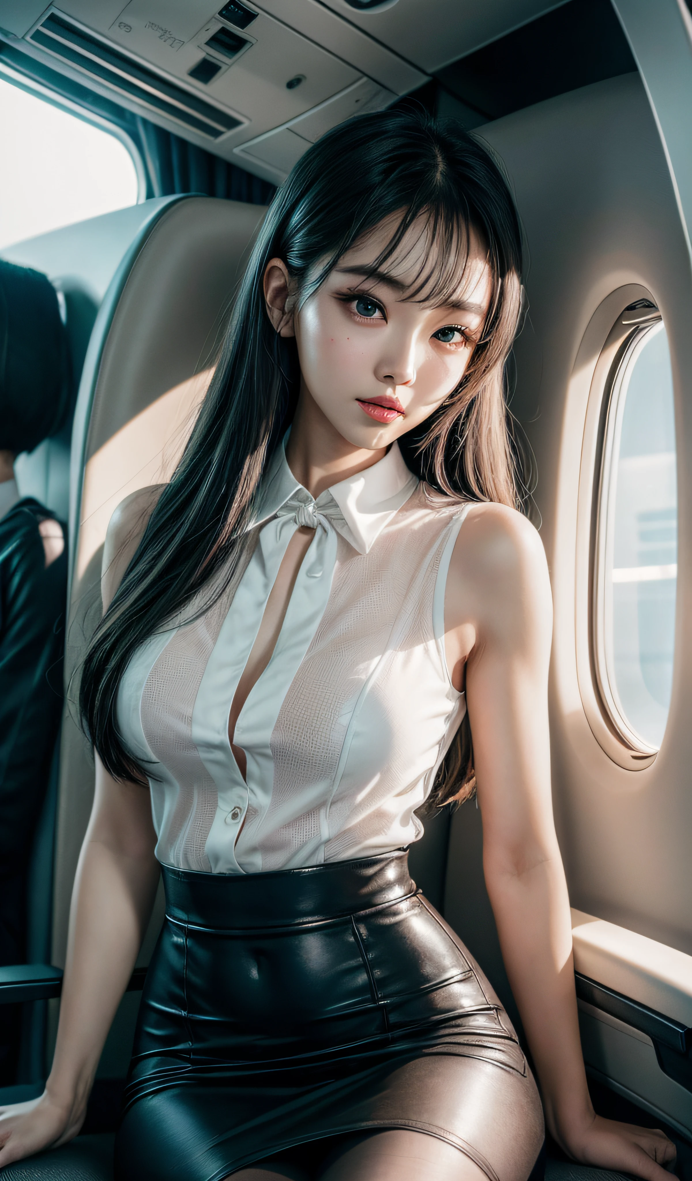 8K, Masterpiece, RAW photo, Best quality, Photorealistic, Extremely detailed CG unifies 8K, 8K, Diamond, and wallpaper, Depth of field, Cinematic light, Lens flare, Ray tracing, (Extremely beautiful face, Beautiful lips, Beautiful eyes), intricate detail face, ((ultra detailed skin)) 1girll, In the dark, deepshadow, Pretty Korean girl, Kpop idol, Photo of a sexy woman sitting in an airplane seat，Wearing a white flight attendant uniform，pleatedskirt，(Very slim and slender muscular body:1.3), （Flesh-colored pantyhose：1.3），Light-colored tights，mediuml breasts，Wide buttock，being thin，Redlip，黑The eye，（unholy：0.9），Cross ed leg，（textured fabrics：0.9），looking at viewert， (Pale skin), (Big eyes),（ssmile：0.8），flirting to the camera，（metallic fabric：0.5），extremly intricate，（realisticlying，primitive：1.5）， Sideslit， （bblurry：0.9）， detail in face， poor quality photo， hight contrast， inside airplane， Slender， bow-shaped， （birthmark：0.4）