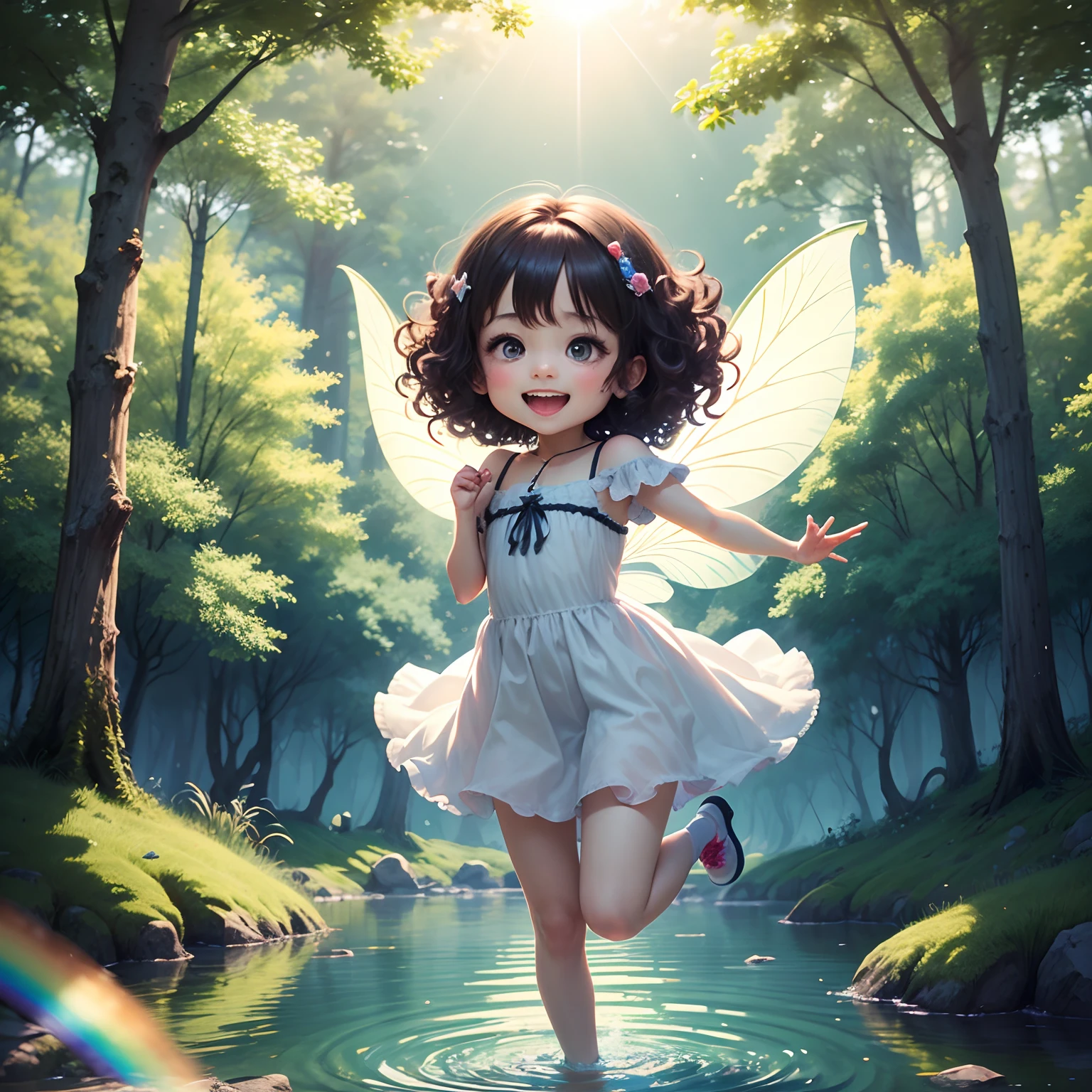 masterpiece、top-quality、ultra-detailliert、(Fairy Daughter:1.2)、(Chibi Chara:1.1)、wraith、Curly hair、Open your mouth and smile、lake in the middle of a forest、Jumping、Rainbow Light、the morning sun、rainbows