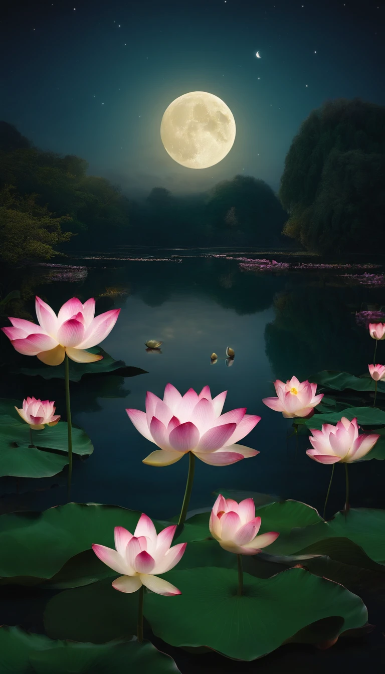 (tmasterpiece,Authentic photography,Concise composition:1.5),the night,Lotus pond moonlight,Beautiful artistic conception