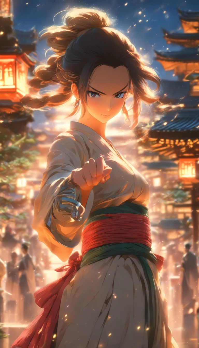 /imagine prompt: A confident and provocative woman, Nalan Wan'er, standing with a narrow waist and wide hips, holding a sharp sword, with a magnificent palace in the background, ,32k, best quality, masterpiece, super detail, high details, by Makoto Shinkai ,in the style of the stars art group xing xing, --niji 5"