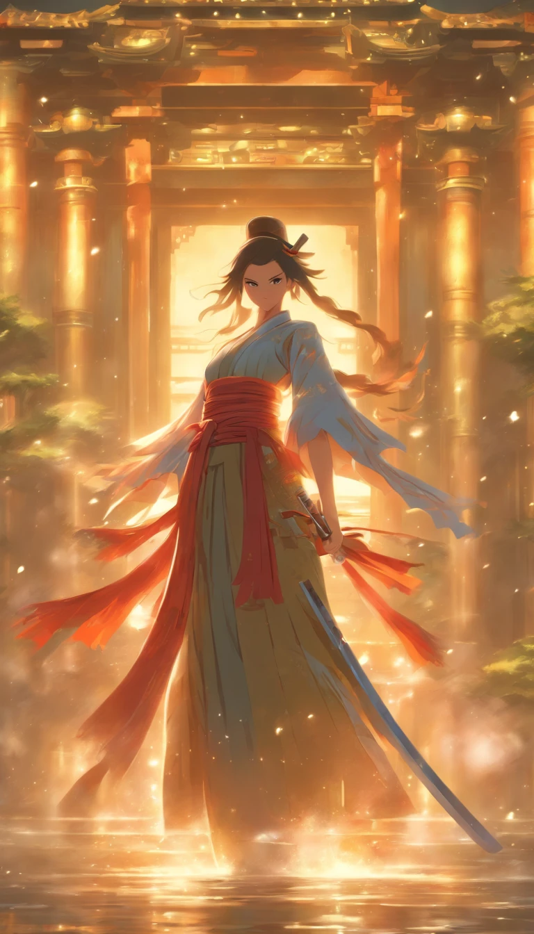 /imagine prompt: A confident and provocative woman, Nalan Wan'er, standing with a narrow waist and wide hips, holding a sharp sword, with a magnificent palace in the background, ,32k, best quality, masterpiece, super detail, high details, by Makoto Shinkai ,in the style of the stars art group xing xing, --niji 5"