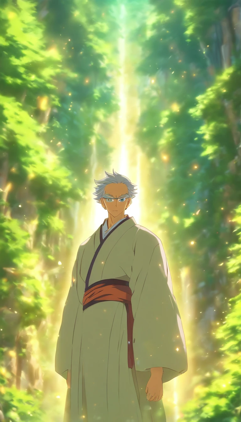 /imagine prompt: An old elder standing by, with a knowing look in his eyes, as if he understands my thoughts, tranquil valley in the background with sunlight streaming through the leaves, ,32k, best quality, masterpiece, super detail, high details, by Makoto Shinkai ,in the style of the stars art group xing xing, --niji 5"