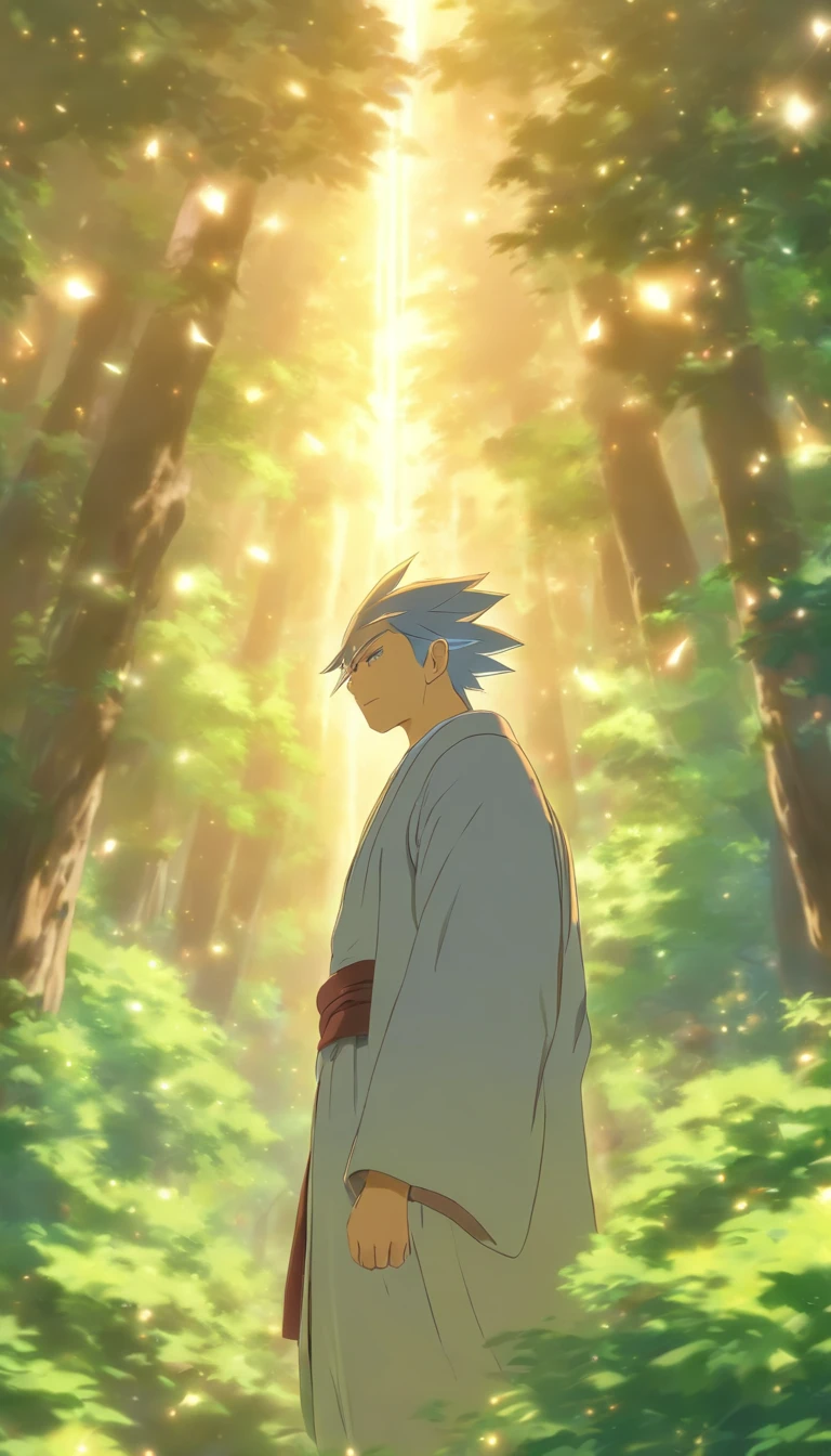 /imagine prompt: An old elder standing by, with a knowing look in his eyes, as if he understands my thoughts, tranquil valley in the background with sunlight streaming through the leaves, ,32k, best quality, masterpiece, super detail, high details, by Makoto Shinkai ,in the style of the stars art group xing xing, --niji 5"