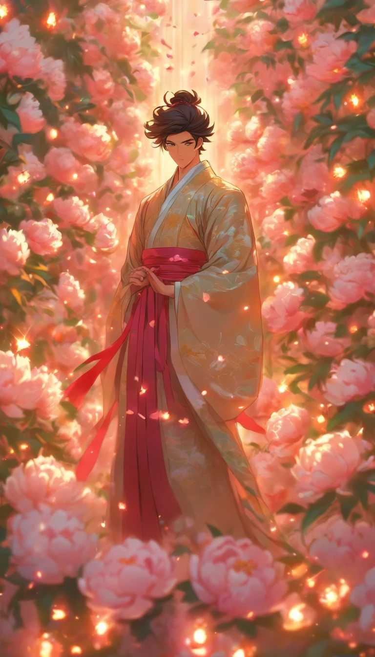 /imagine prompt: A young and handsome man standing in a sea of peonies, dressed in gorgeous ancient costume, wielding a sword with agility and determination, surrounded by colorful peonies with petals falling around him, ,32k, best quality, masterpiece, super detail, high details, by Makoto Shinkai ,in the style of the stars art group xing xing, --niji 5"