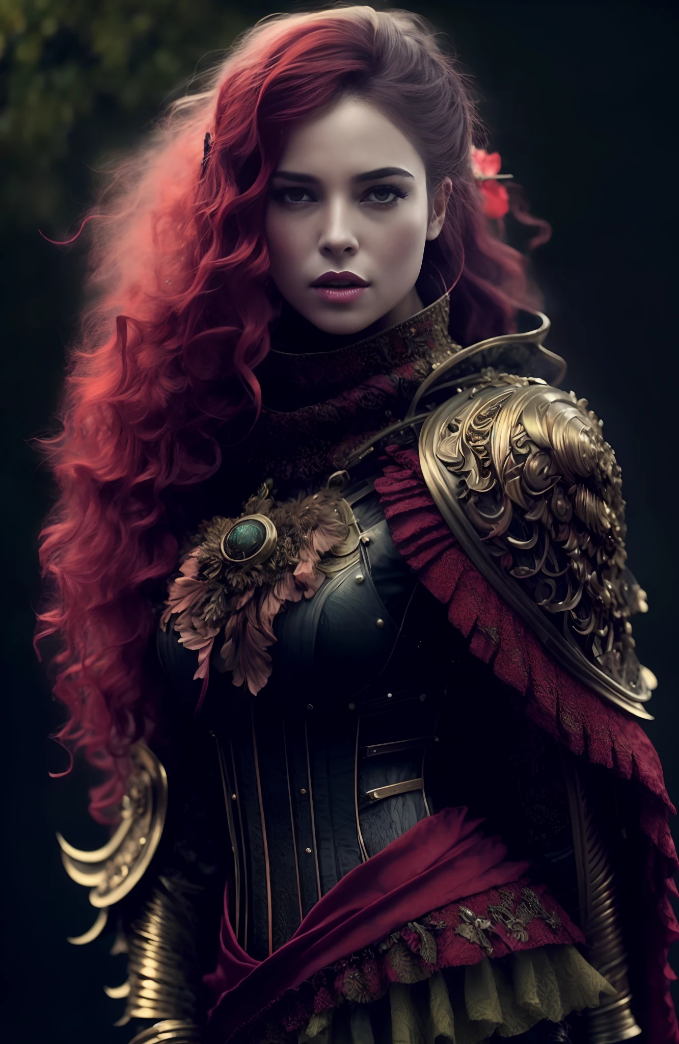 Un primer plano de una mujer pelirroja con un disfraz, Reina pelirroja con armadura roja pesada, Impresionante armadura, cosplay adornado, Dama con armadura roja, hermosa armadura, usando armadura ornamentada, very stylish fantasy armor, Wearing fantasy armor, ornate gothic armor, Intrincada armadura renacentista, usando una intrincada armadura de piel, steampunk fantasy style, Armadura victoriana, as a medieval fantasy character