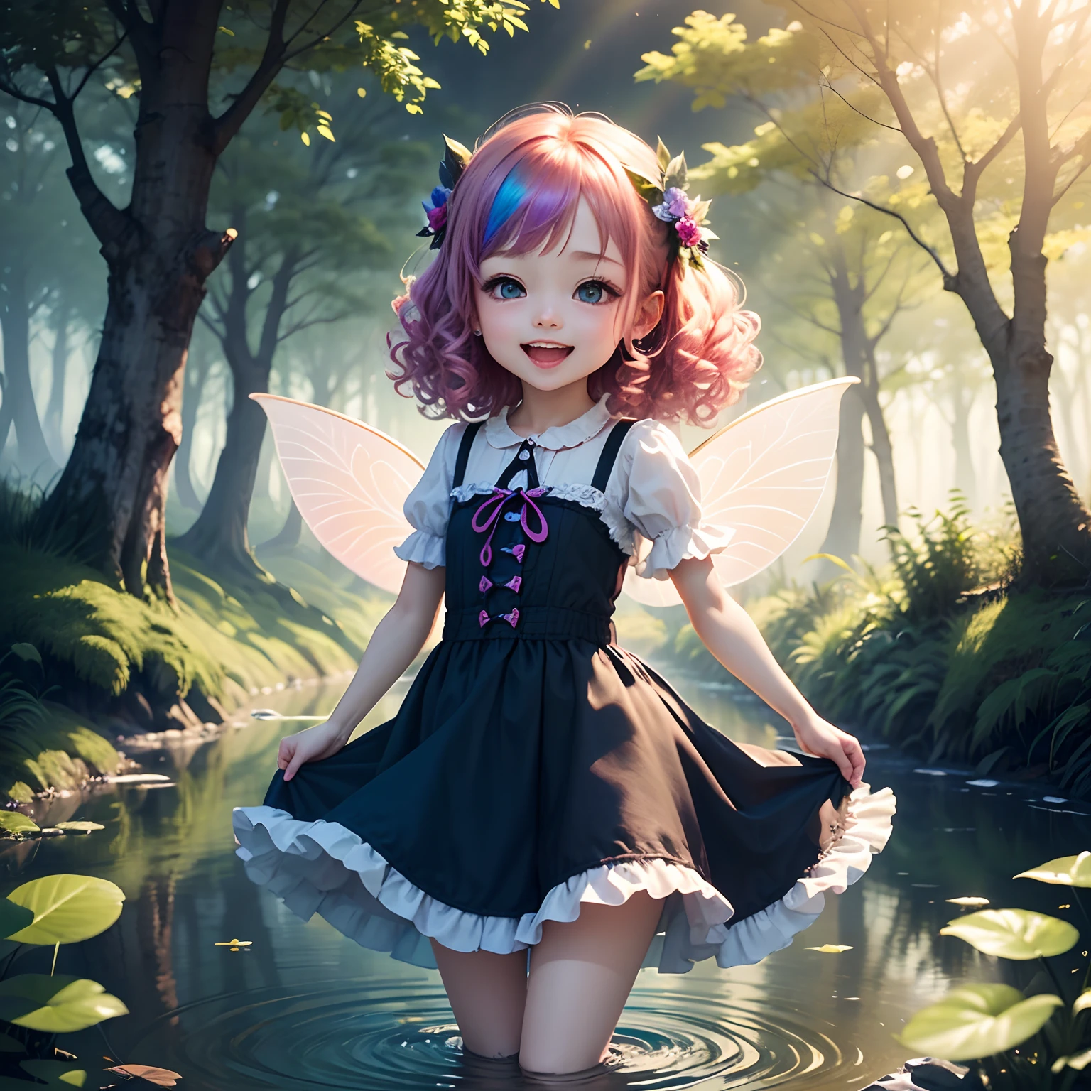 ​masterpiece、top-quality、ultra-detailliert、(Fairy Daughter:1.2)、(Chibi Chara:1.1)、wraith、Curly hair、Open your mouth and smile、lake in the middle of a forest、Jumping、Rainbow Light、the morning sun、rainbows