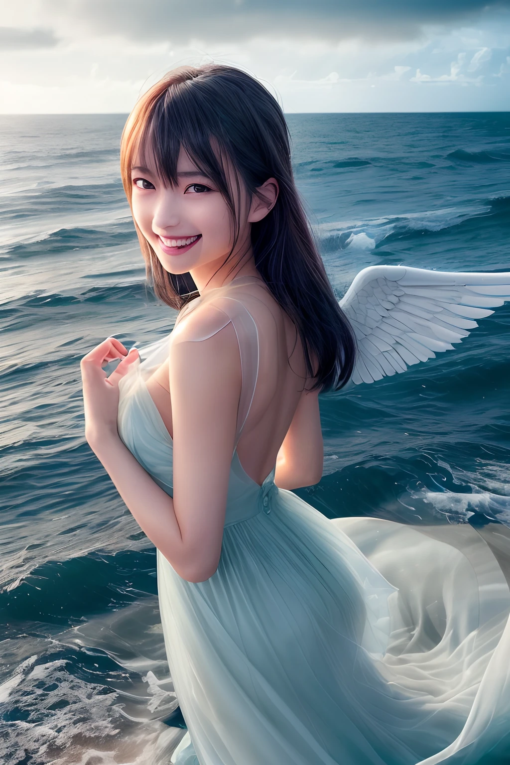 /imagine photorealistic, 8k, Makoto Shinkai style. Beautiful angel. Perfect body, (perfect face with happy smile:1.5). She wears thin silk summer light blue dress with large wings at her bag. She is looking back and stares at you. lovely double exposure image by blending together a stormy sea and a glass apple. The sea should serve as the underlying backdrop, with its details subtly incorporated into the glossy glass apple, sharp focus, double exposure, glossy glass apple, (translucent glass figure of an apple) (sea inside) lifeless, dead, glass apple, earthy colors, decadence, intricate design, hyper realistic, high definition, extremely detailed, dark softbox image, raytracing, cinematic, HDR, photorealistic (double exposure:1.1)