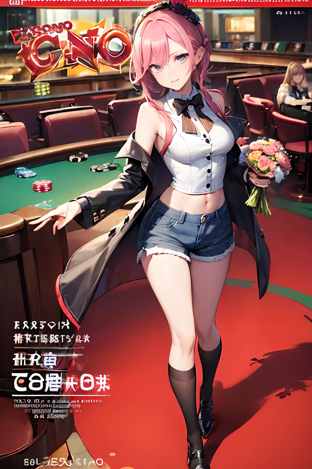 (Casino Magazine Cover:1.4){{{{{masutepiece,Best Quality,ultra-detailliert}}}}},Happy laughter,1 woman,Beautiful eyes,Cute face,Flint jacket and plaid shorts,Walking,holding flower bouquet,knee high socks