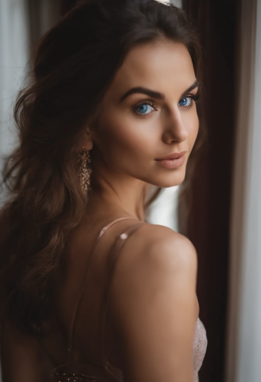foto profissional de corpo inteiro, alto detalhe, pele realista. As the camera pans around the room, the magical bokeh of the lights creates a dreamlike atmosphere. No centro da sala, is a 45 year old MILF goddess, corpo musculoso e cabelos loiros , boca grande, fleshy lips and blue eyes. She is wearing a pair of sparkling earrings and a dress with a generous neckline drawing attention to her large breasts., adding a touch of mystery to its already intriguing presence. its intricate details adding to the overall cinematic feel of the scene.