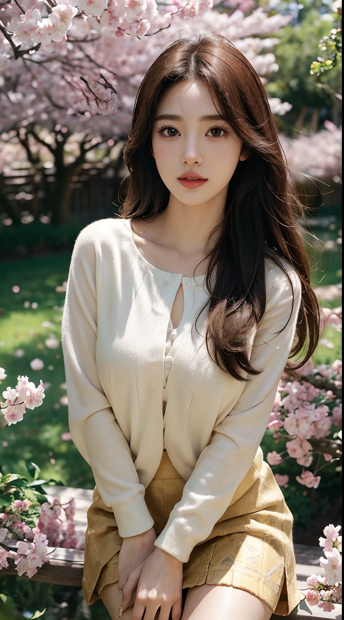 Best quality, 4K,8K,Realistic, Photorealistic, extremely detaile, An extremely delicate and beautiful, RAW photo, Japanese and Korean beauties，South Korean beauties，Wear JK, mini-skirts，Large breasts，(Beautiful detailed eyes,beautiful detailed lips,Extremely detailed eyes and face,long eyelasher), Beautiful hair, joyful expressions, Surrounded by cherry blossom trees, It has a kawaii anime style, In a picturesque garden full of sunshine. The artwork is of the best quality, With ultra-detailed features and realistic, Realistic touch. vibrant with colors，The lighting creates a warm atmosphere, Dreamy atmosphere.