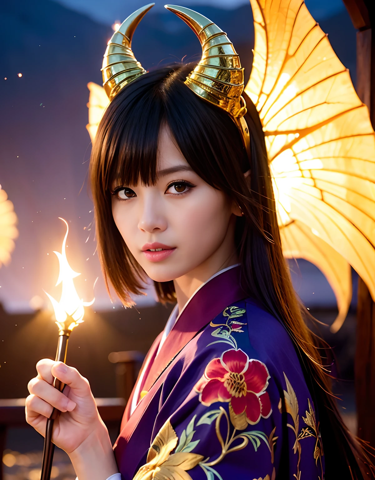 ((World of Darkness)),Professional , masterpiece、top-quality、photos realistic , depth of fields 、(Maiko's hairstyle)、(Maple background in full bloom),(Ultimate Beauty)、Red-haired、(Fight ninjas)、(Kimono with beautiful pattern)、(Night background)、((a dark night)),(Wear a beautiful kimono),(Wear a beautiful kimono with colorful floral patterns)、Jewel Gold Weapon、Particles of light),(Castle background)、Gorgeous gold weapons ,(( Gorgeous weapon Dragon Sword)) , (a dark night),,(maikurobikini) 、((Black Haired Beautiful Girl))、(Castle background)、(demonic wings)、((Gangle's forest background))、Beautiful Caucasian beauty、1a person、dynamic ungle,(((Two devil's horns on the head)))、Smaller head、Idle Smile、Thin and beautiful female hands、Mystical expression、Light Effects、intense fighting、Wind-effect、magic circles、With the legendary magic wand、Dragon's tail、Anatomically correct body、Anatomically correct fingers、