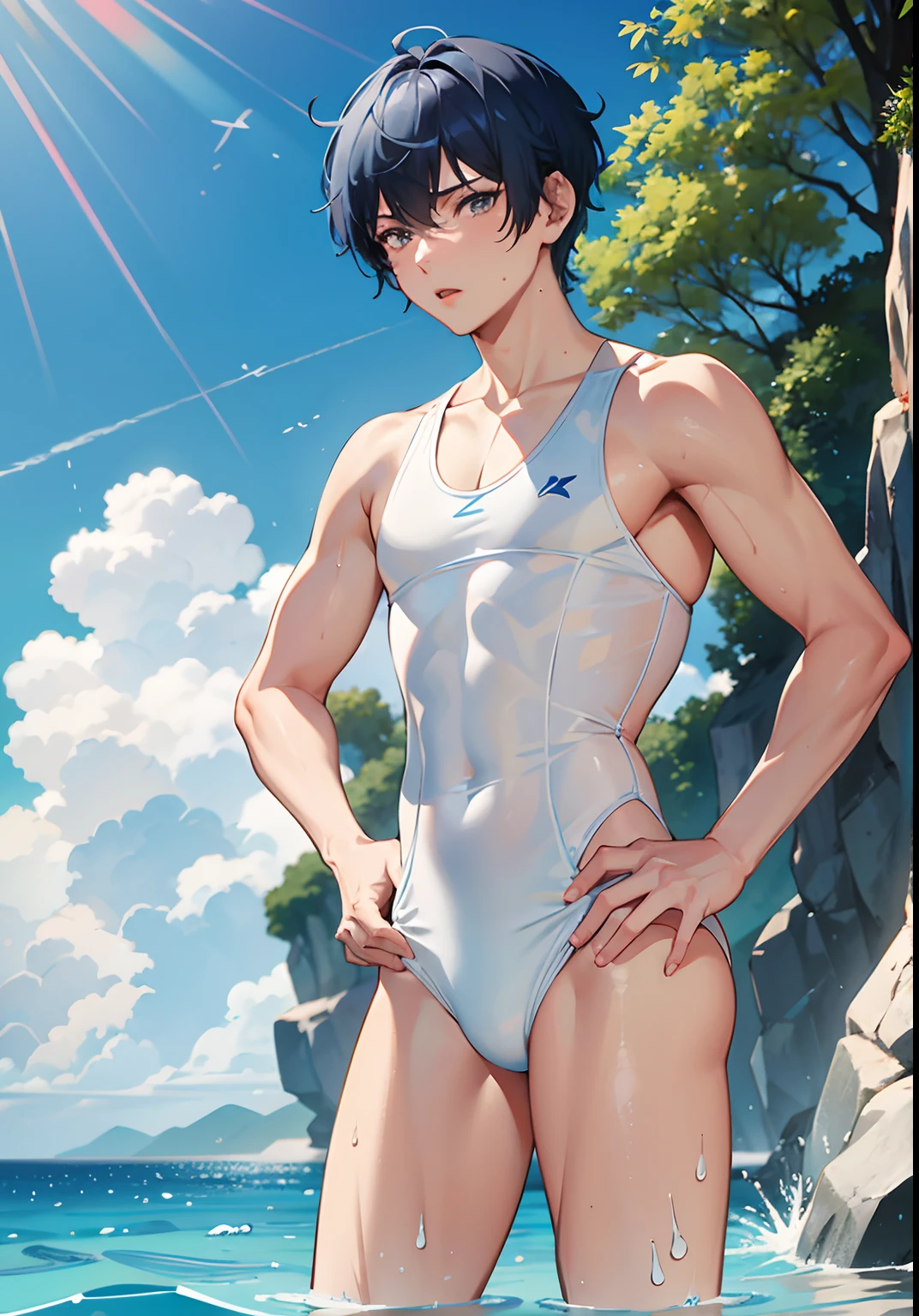 Cartoon photo of a man in a white swimsuit, gender change, gender change(Girls to boys), Wet swimsuit, Men with short blue hair, wearing a swimming wear, garments:High-cut swimwear, Rogue Anime Boy, short-hair, Swimsuit, Cute boy in tank suit, onepiece swimsuit,