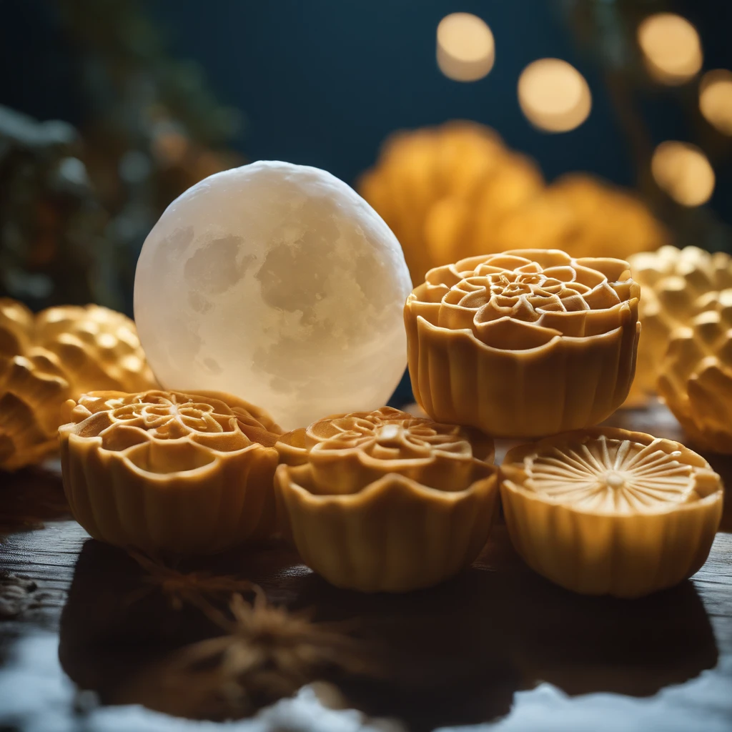 themoon, Moon cake, Mid-Autumn Festival, partially underwater shot, polar opposites, high detail, Romanticism, god rays, ray tracing, UHD, retina, masterpiece, ccurate, anatomically correct, super detail, high details, high quality, award winning, best quality, highres, 16k, textured skin