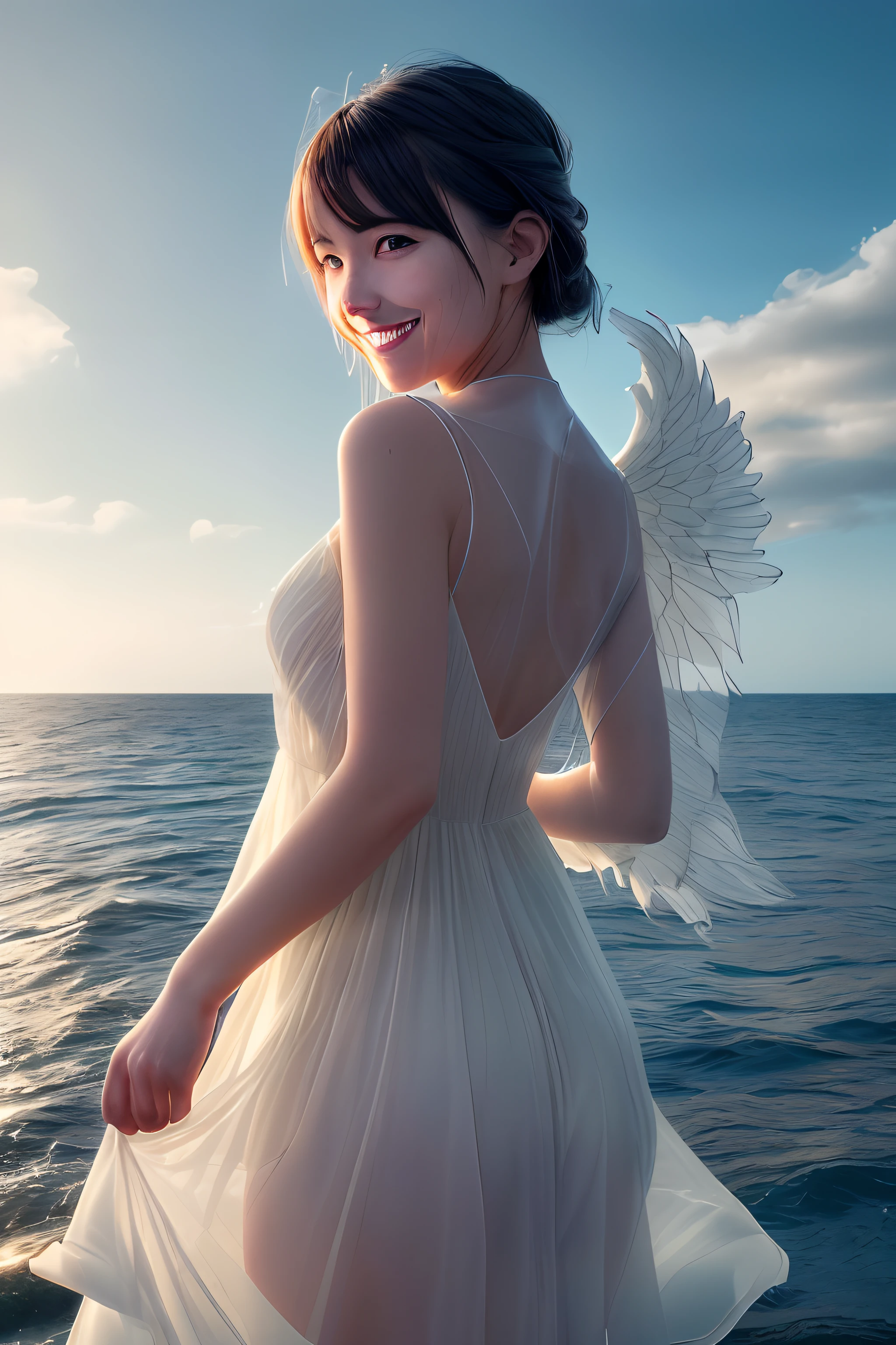 /imagine photorealistic, 8k, Makoto Shinkai style. Beautiful angel. Perfect body, (perfect face with happy smile:1.5). She wears thin silk summer light blue dress with large wings at her bag. She is looking back and stares at you. lovely double exposure image by blending together a stormy sea and a glass apple. The sea should serve as the underlying backdrop, with its details subtly incorporated into the glossy glass apple, sharp focus, double exposure, glossy glass apple, (translucent glass figure of an apple) (sea inside) lifeless, dead, glass apple, earthy colors, decadence, intricate design, hyper realistic, high definition, extremely detailed, dark softbox image, raytracing, cinematic, HDR, photorealistic (double exposure:1.1)