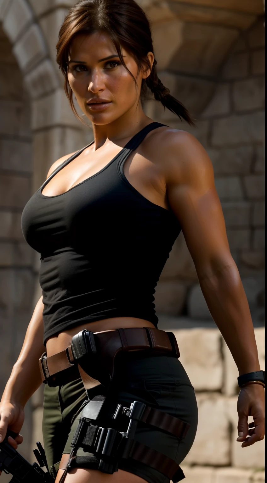 Looks like Gemma Arterton, ( Lara Croft on duty, A cinematic scene, she's in action, Lara croft, tomb raider, her hair is straight and modern ) short hair, tomb raider, face can be seen clearly, beautiful Lady, Cop Lady, healthy physique, thick and healthy figure, Strong muscular woman, Full body Closeup, Closeup shot, mastershot , upper body close up , Protruding crotch, 8K, hyper HD, severe low lighting, high high quality, foco nítido, Fujifilm XT3,Perfect body proportions,Photorealsitic