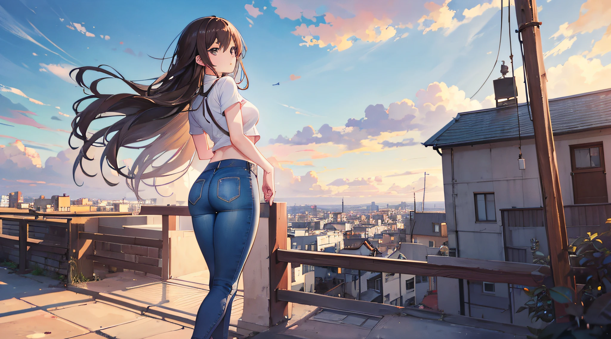 1 girl, located in the corner, looking at the sky, faced forward long hair, brown shining hair, ember eyes, shining eyes, medium sized boobs, big butt, blue tight jeans, landscape, day, city , clouds (sky), morning