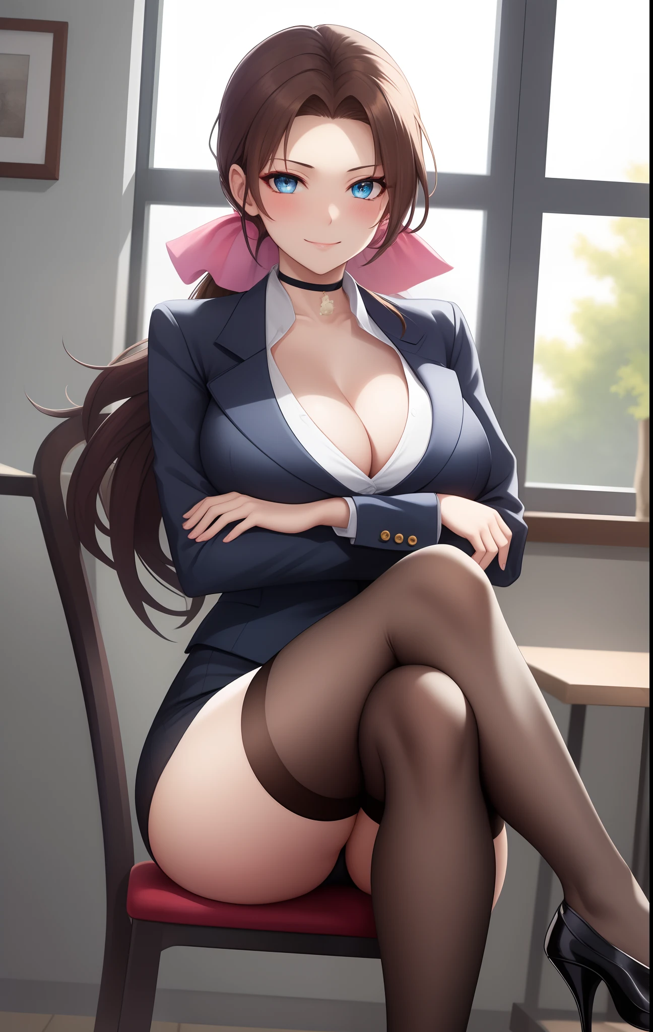 (highres, best quality:1.2), intricate details, vibrant image, sharp focus, colorful, SaekiSayoko, solo, 1girl, mature female, cowboy shot, side view, looking at viewer, smile, smirking, blush, sitting, on chair, crossed legs, crossed arms, indoors, room, window, sunny weather, tree, complex background, brown hair, long hair, hair bow, hair ribbon, ponytail, makeup, blue eyes, perfect eyes, perfect face, detailed face, suit, pencil skirt, thighhighs, high heels, curvy, highleg, large breasts, cleavage, thighs, choker,