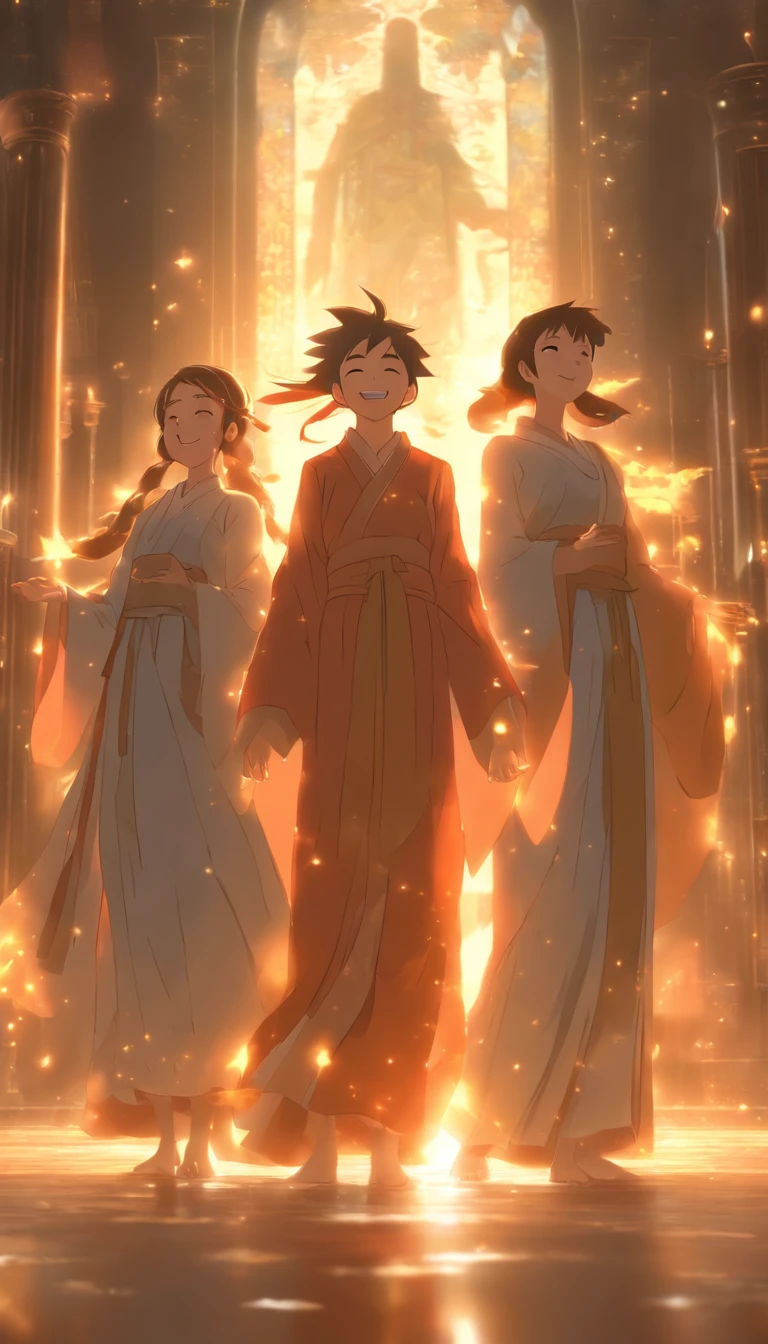 /imagine prompt: An elder laughs heartily, standing beside two young women. The two women smile and serve a holy figure dressed in magnificent robes. The room is filled with a peaceful and serene atmosphere, with sunlight streaming through the windows, casting warm light and shadow throughout the room. ,32k, best quality, masterpiece, super detail, high details, by Makoto Shinkai ,in the style of the stars art group xing xing, --niji 5"