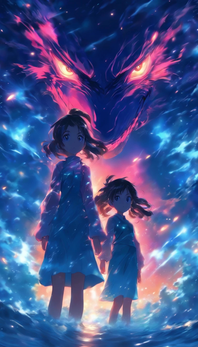 /imagine prompt: Two girls, one beautiful and one gentle, looking nervously ahead, expressing worry and unease in their eyes, surrounded by a dark atmosphere with an evil force approaching, ,32k, best quality, masterpiece, super detail, high details, by Makoto Shinkai ,in the style of the stars art group xing xing, --niji 5"