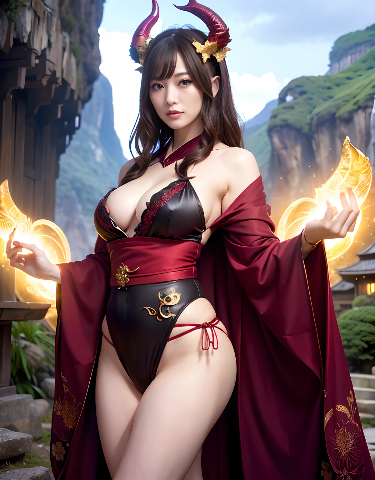 ((World of Darkness)),Professional , masterpiece、top-quality、photos realistic , depth of fields 、(sexypose)、(Red maple on full bloom background),(Ultimate Beauty)、A dark-haired、(shrine background)、(Kimono with beautiful pattern)、(Night background)、Beautiful hair ornament on the head、((Precipitous cliffs)),(Wear a beautiful kimono),(Wear a beautiful kimono with colorful floral patterns)、Jewel Gold Weapon、Particles of light),(Wearing a wizard's hat)、Gorgeous gold weapons ,Castle background、(( Gorgeous Dragon Sword)) , (a dark night),,(maikurobikini) 、((Black Haired Beautiful Girl))、(Castle background)、(demonic wings)、((Gangle's forest background))、Beautiful Caucasian beauty、1a person、dynamic ungle,(((Two devil's horns on the head)))、Smaller head、Idle Smile、Thin and beautiful female hands、Mystical expression、Light Effects、intense fighting、Wind-effect、magic circles、With the legendary magic wand、Dragon's tail、