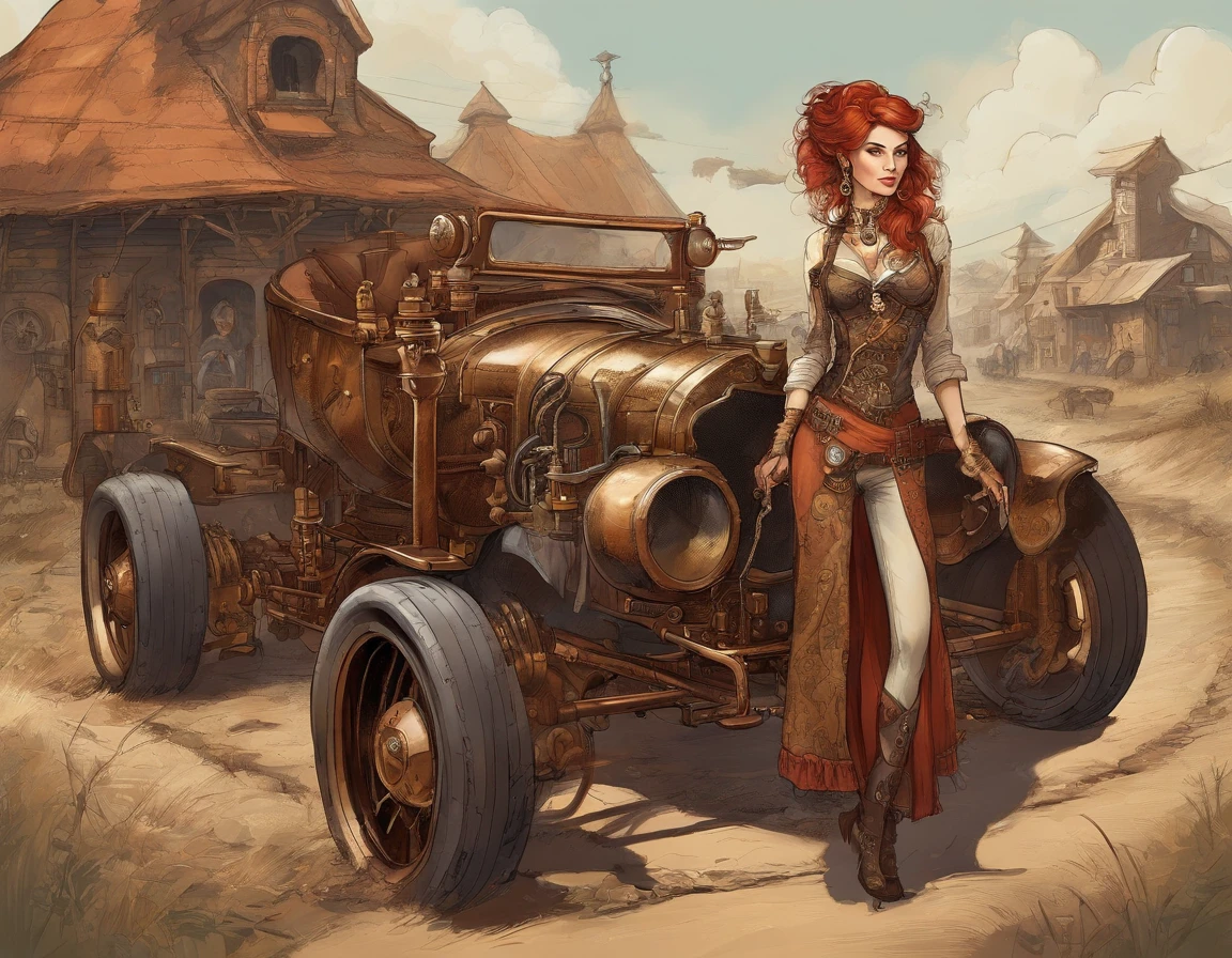 Anime-style catgirl with short red hair and earring in her ears, In the Russian Village, Full-length next to a race car, digital cyberpunk anime art
