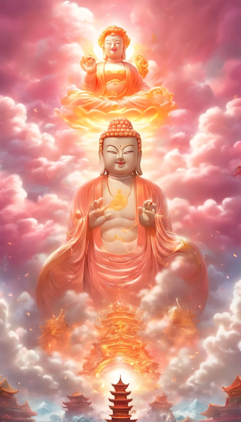((masutepiece)),(Best Quality)),china style,In the sky, The clouds form a huge transparent shiny white jade Maitreya Buddha statue,Thick clouds,and the sun was shining brightly,Pilgrims on the road,Hyper-realistic,Ultra photo realsisim,Pink,8K,High Definition,high quarity,Works of masters,super-fine,(((OC Renderer)))
