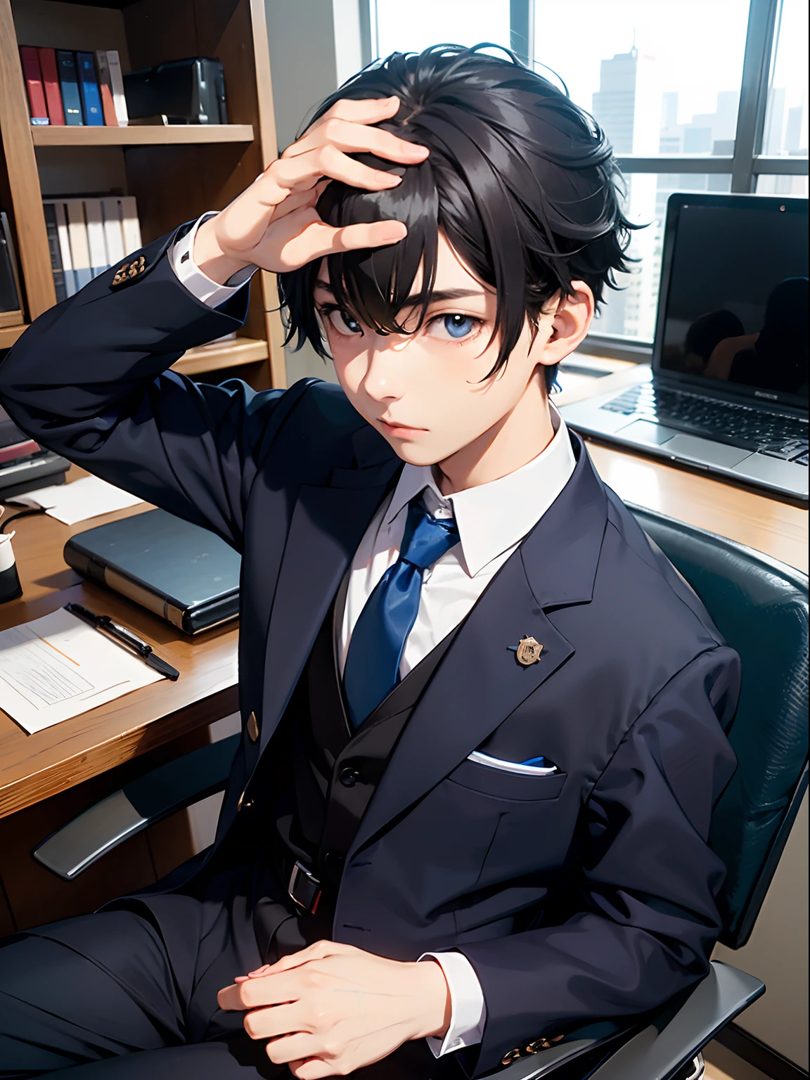 1boy, only、(Man's :2),(bobhair:1.5)、A dark-haired、saluting、Dark blue suit、Brightly colored ties、Cluttered office、evening lighting、hightquality、masutepiece,8K,hight resolution、